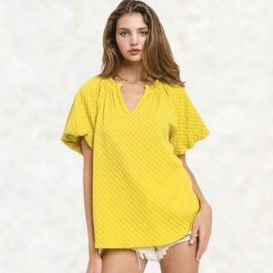 Ces Femme Textured Bubble Sleeve A-line Blouse Ruffle V Neck Chartreuse sz L/ XL